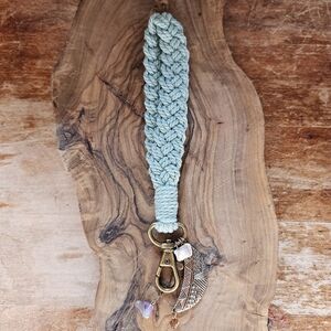 Handmade Sage Green Macrame Keychain with Amethyst, Boho Charm & Crystal Beads